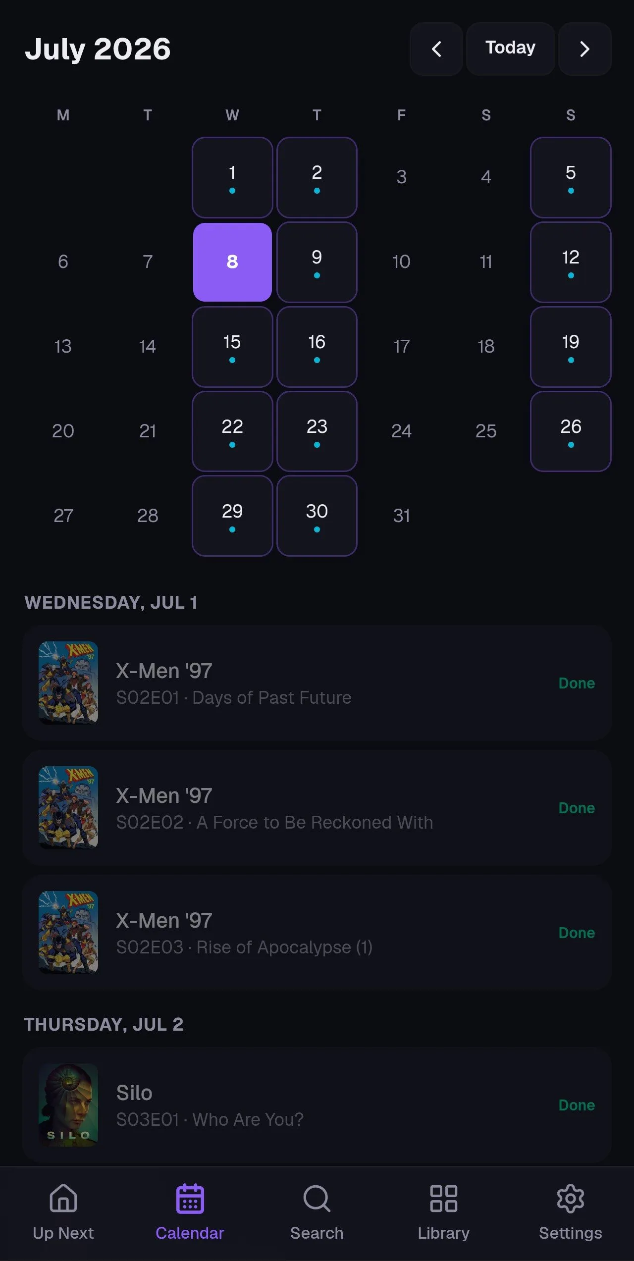 The Calendar screen: a month view with release day markers above an agenda of episodes