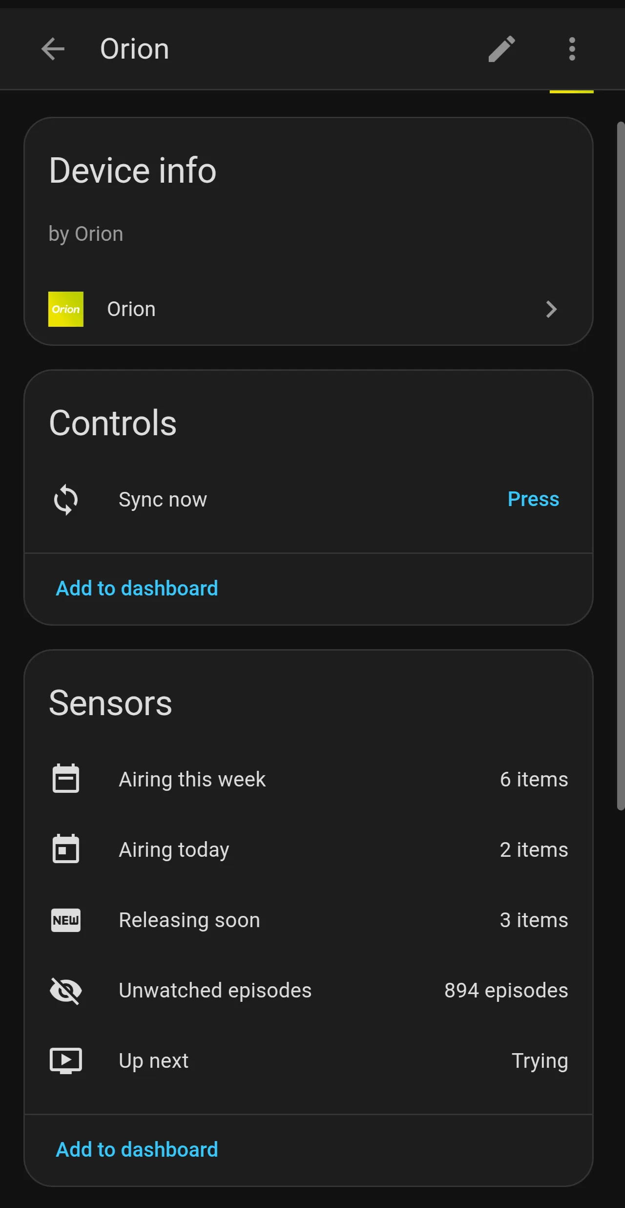 The Orion device page in Home Assistant: a Sync now control plus sensors for airing this week, airing today, releasing soon, unwatched episodes, and up next