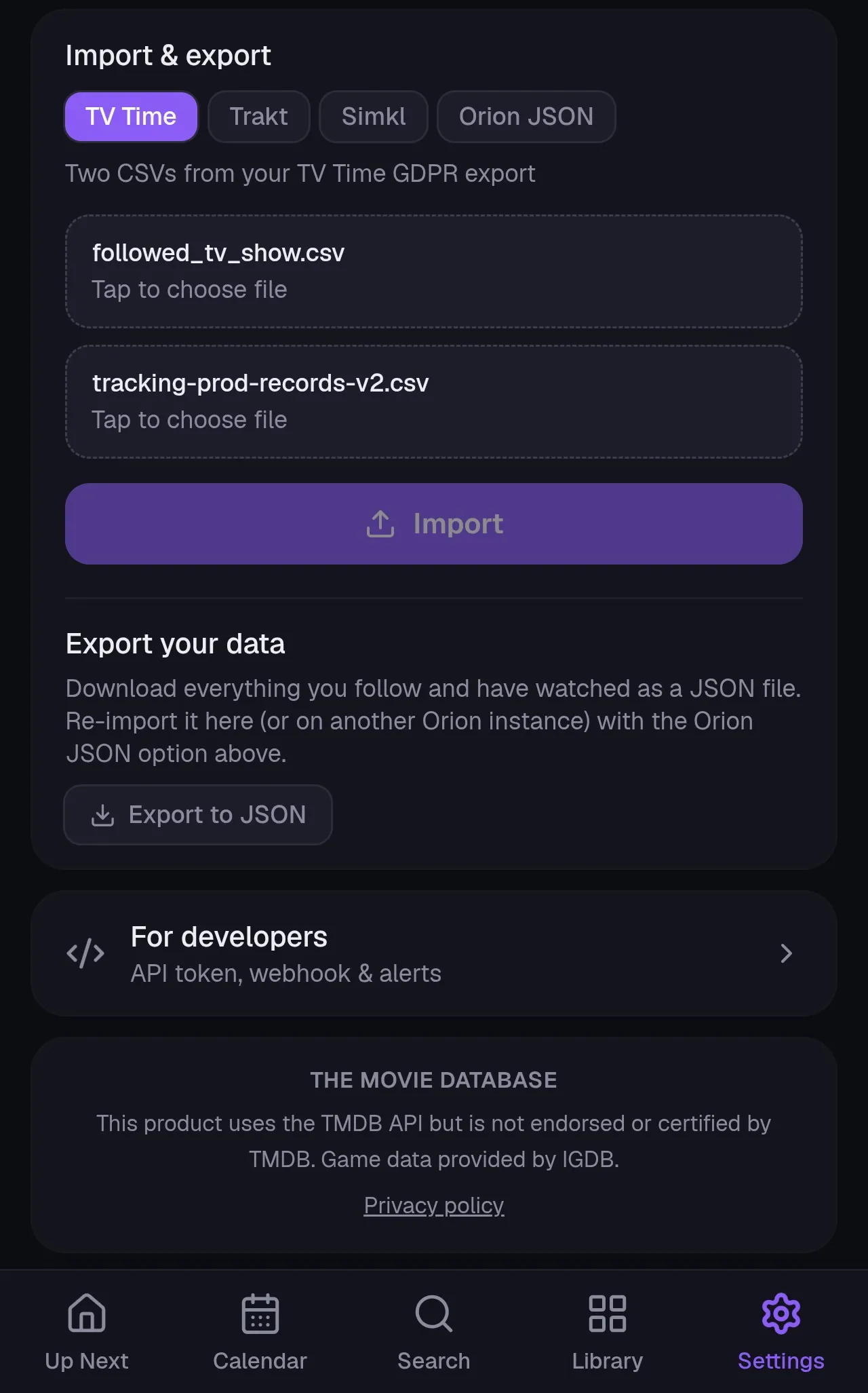 Import &amp; export in Settings: the TV Time source selected with slots for its two CSV files, and the Export your data section below