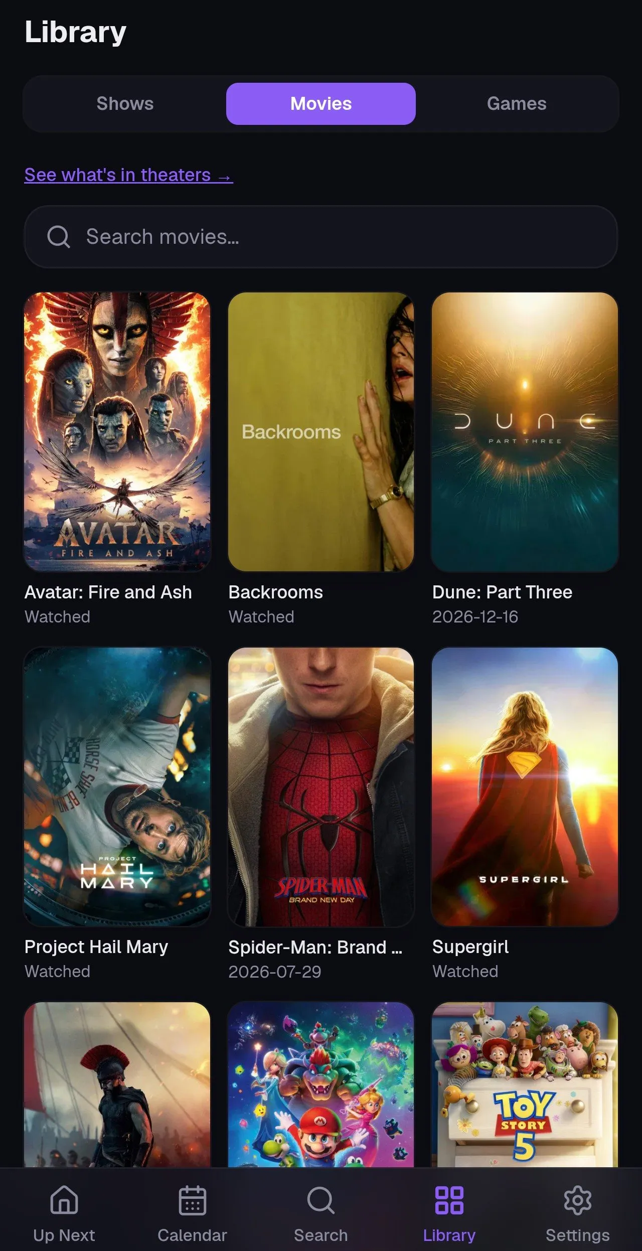 The Library’s Movies tab with the “See what’s in theaters” link at the top