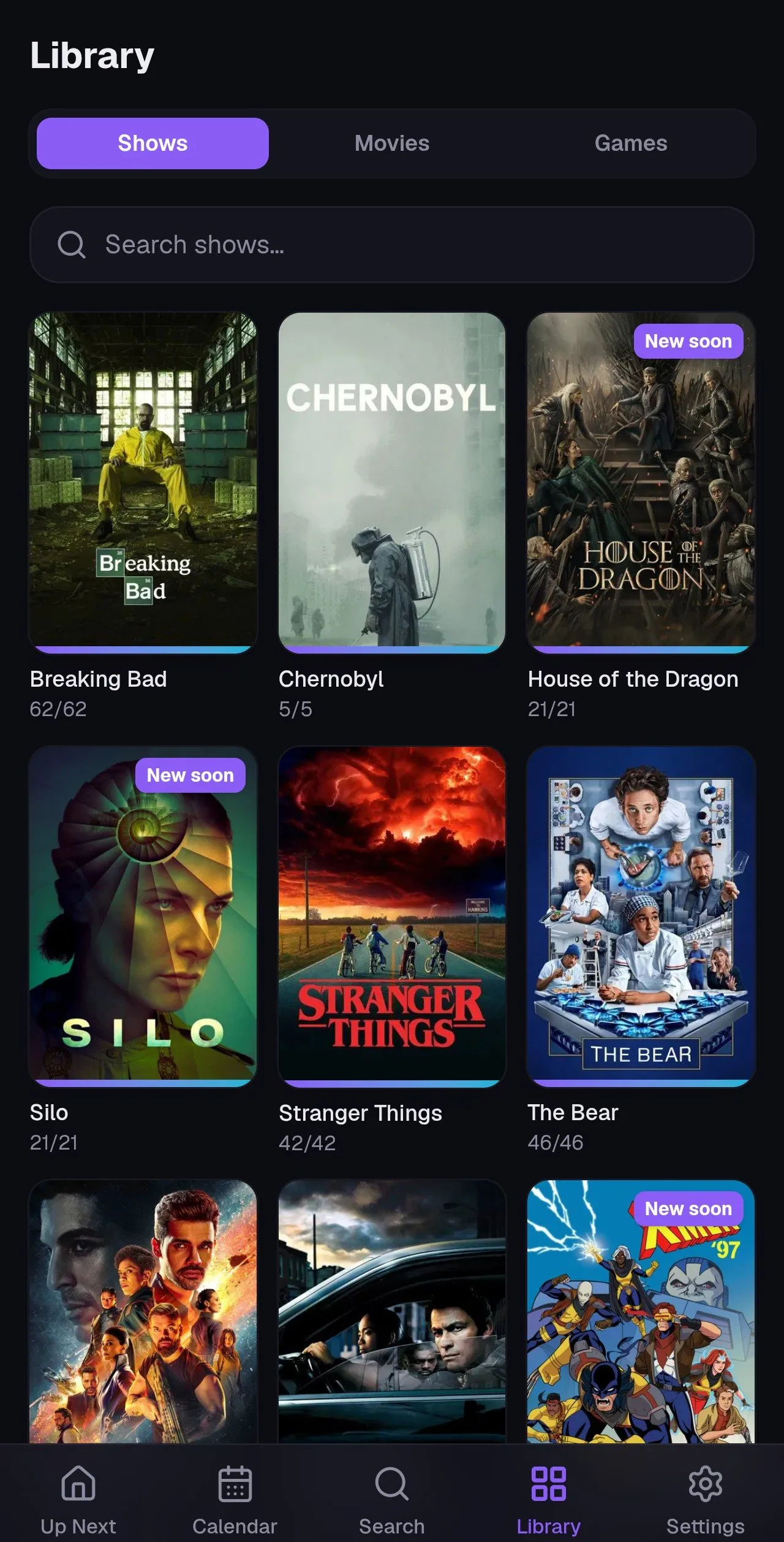 The Library’s Shows tab: followed shows with per-show watch progress and “New soon” badges