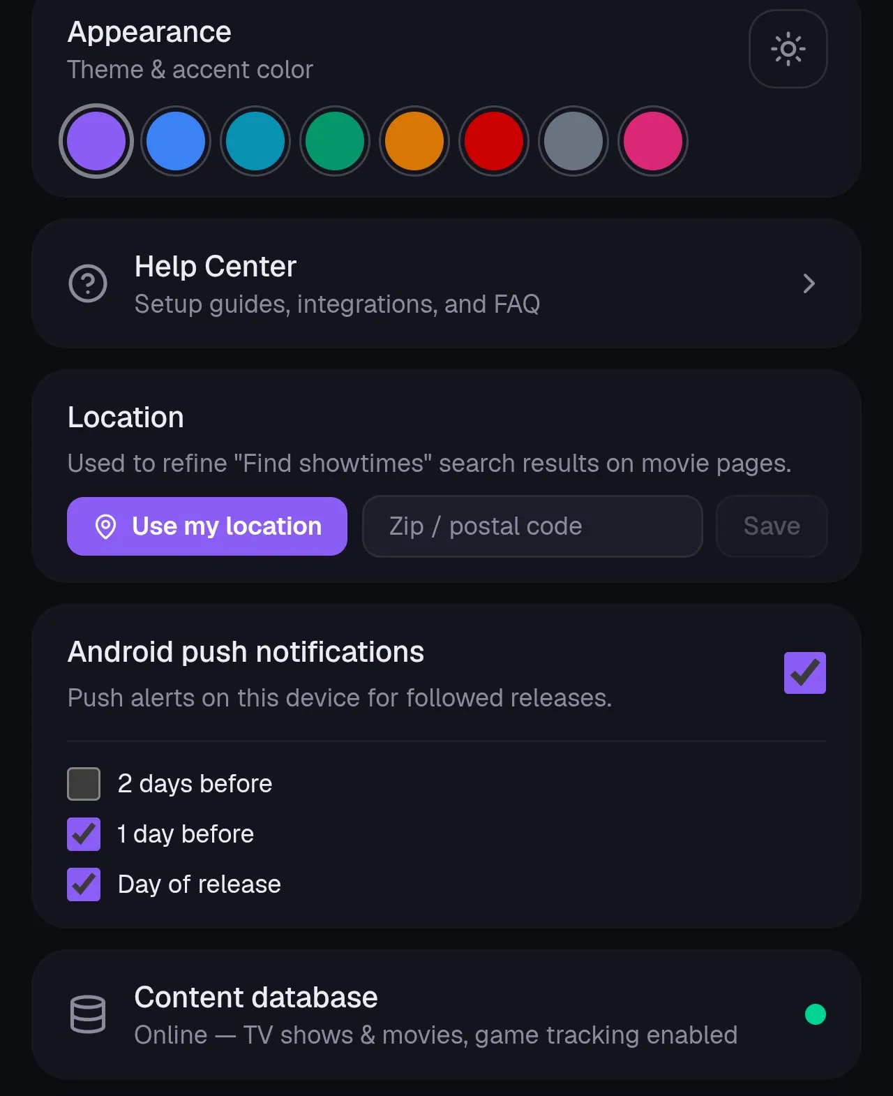 Settings in the Android app, with the Android push notifications card and its lead time checkboxes